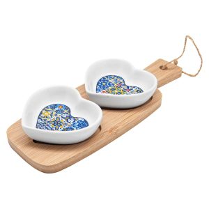 Base de Madeira com 2 Taças Aperitivos em Coraçao de Porcelana