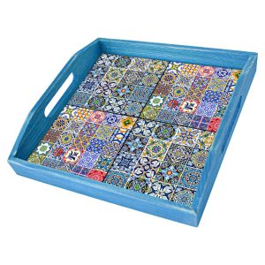 Tabuleiro de Madeira Azul Quadrado com 4 Azulejos 11×11