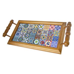 Tabuleiro de Madeira Retangular com 2 Azulejos 15×15 e Asas Torneadas